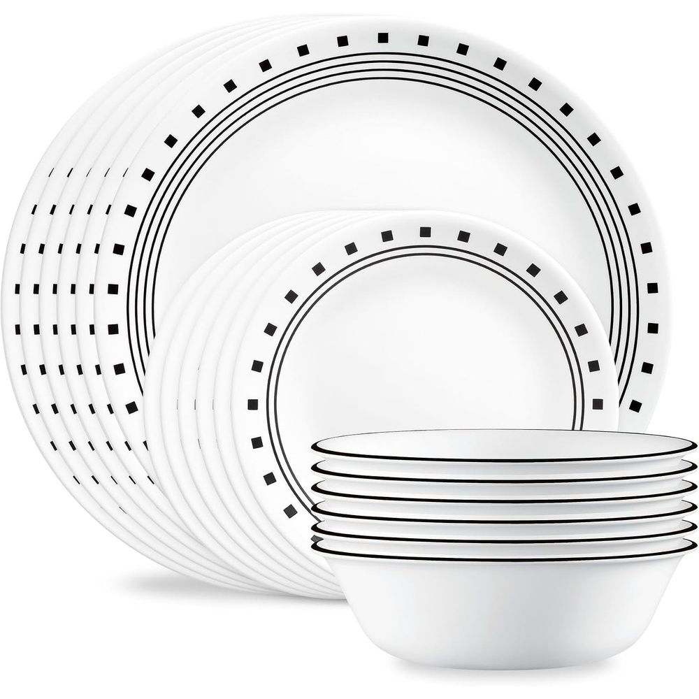 image:imageCorelle Vitrelle 18Piece Service for 6 Dinnerware Set Triple Layer Glass and Chip Resistant Lightweight Round Plates and Bowls Set Winter Frost WhiteCity Block