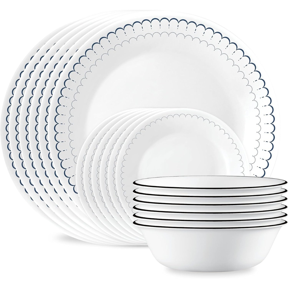 image:imageCorelle Vitrelle 18Piece Service for 6 Dinnerware Set Triple Layer Glass and Chip Resistant Lightweight Round Plates and Bowls Set Winter Frost WhiteCaspian
