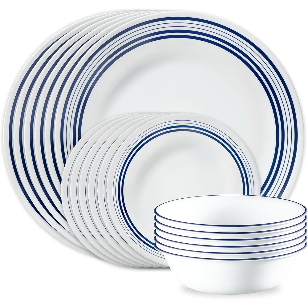 image:imageCorelle Vitrelle 18Piece Service for 6 Dinnerware Set Triple Layer Glass and Chip Resistant Lightweight Round Plates and Bowls Set Winter Frost WhiteLeo