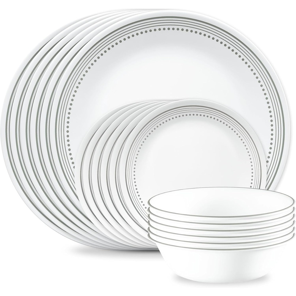 image:imageCorelle Vitrelle 18Piece Service for 6 Dinnerware Set Triple Layer Glass and Chip Resistant Lightweight Round Plates and Bowls Set Winter Frost WhiteMystic Gray