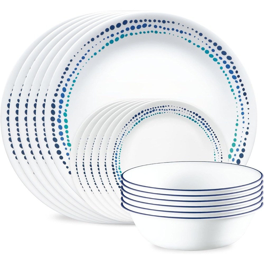 image:imageCorelle Vitrelle 18Piece Service for 6 Dinnerware Set Triple Layer Glass and Chip Resistant Lightweight Round Plates and Bowls Set Winter Frost WhiteOcean Blue