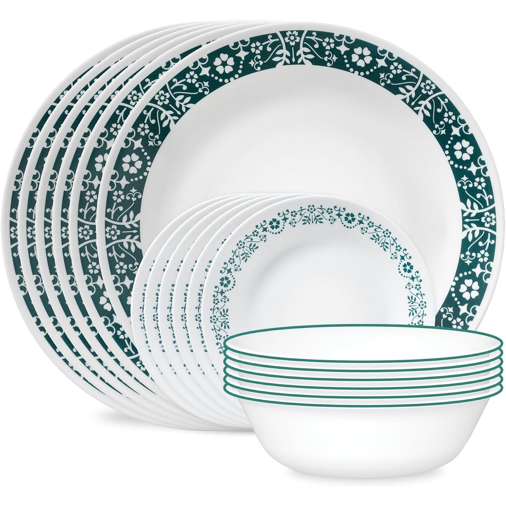 image:imageCorelle Vitrelle 18Piece Service for 6 Dinnerware Set Triple Layer Glass and Chip Resistant Lightweight Round Plates and Bowls Set Winter Frost WhitePenelope