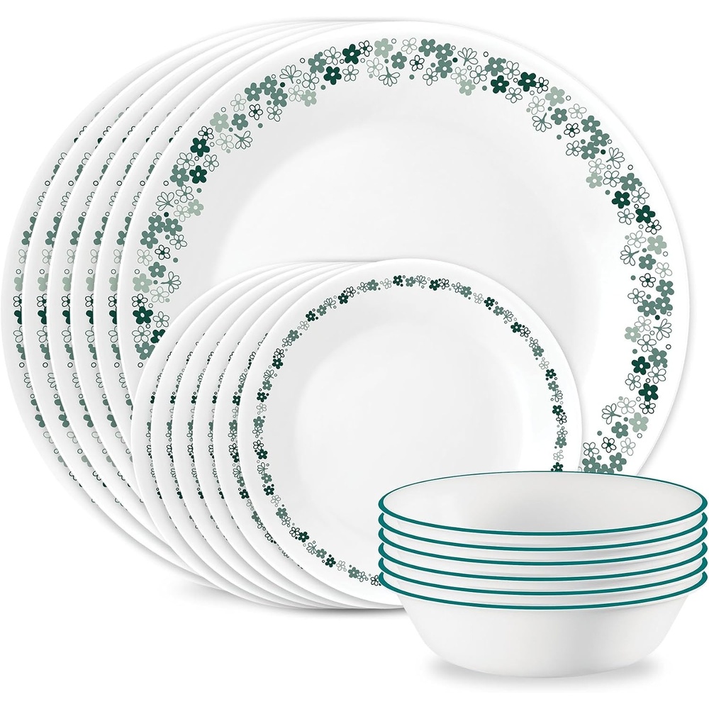 image:imageCorelle Vitrelle 18Piece Service for 6 Dinnerware Set Triple Layer Glass and Chip Resistant Lightweight Round Plates and Bowls Set Winter Frost WhiteSpring Blossom Teal