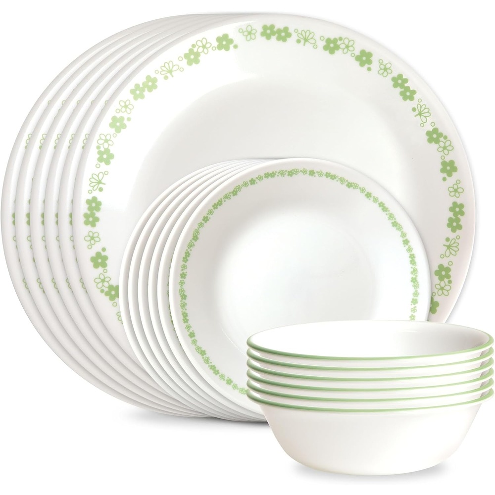 image:imageCorelle Vitrelle 18Piece Service for 6 Dinnerware Set Triple Layer Glass and Chip Resistant Lightweight Round Plates and Bowls Set Winter Frost WhiteSpring Blossom Green