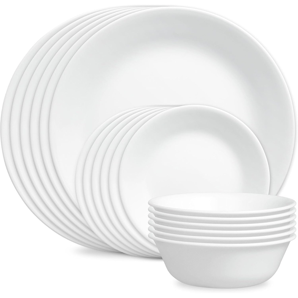 image:imageCorelle Vitrelle 18Piece Service for 6 Dinnerware Set Triple Layer Glass and Chip Resistant Lightweight Round Plates and Bowls Set Winter Frost WhiteWinter Frost White