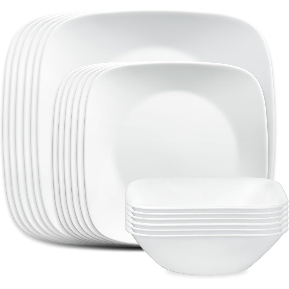image:imageCorelle Vitrelle 18Piece Service for 6 Square Dinnerware Set Triple Layer Glass and Chip Resistant Lightweight Square Plates and Bowls Set Pure WhitePure White