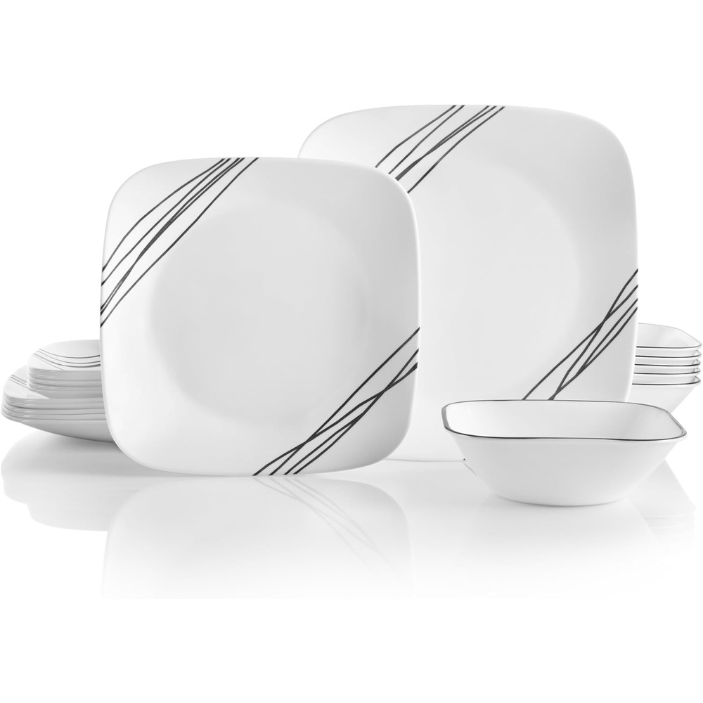 image:imageCorelle Vitrelle 18Piece Service for 6 Square Dinnerware Set Triple Layer Glass and Chip Resistant Lightweight Square Plates and Bowls Set Pure WhiteSimple Sketch