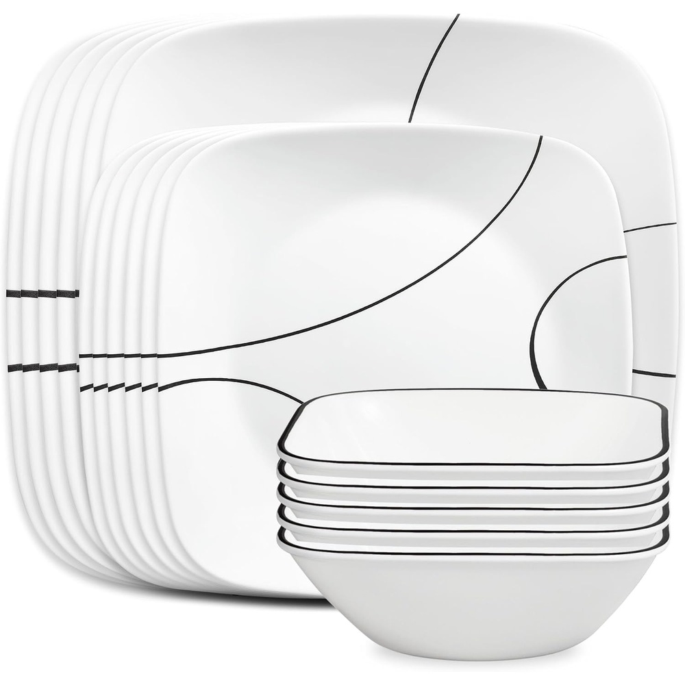image:imageCorelle Vitrelle 18Piece Service for 6 Square Dinnerware Set Triple Layer Glass and Chip Resistant Lightweight Square Plates and Bowls Set Pure WhiteSimple Lines