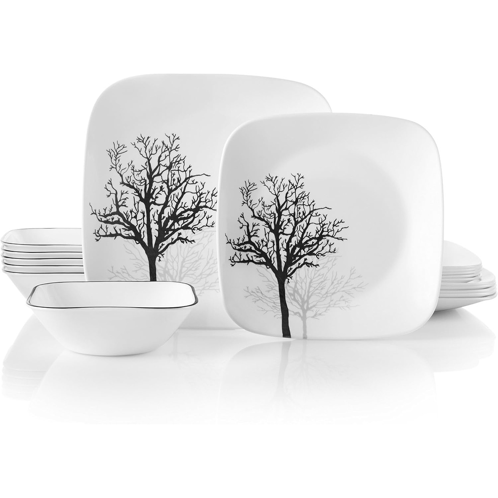 image:imageCorelle Vitrelle 18Piece Service for 6 Square Dinnerware Set Triple Layer Glass and Chip Resistant Lightweight Square Plates and Bowls Set Pure WhiteTimber Shadows