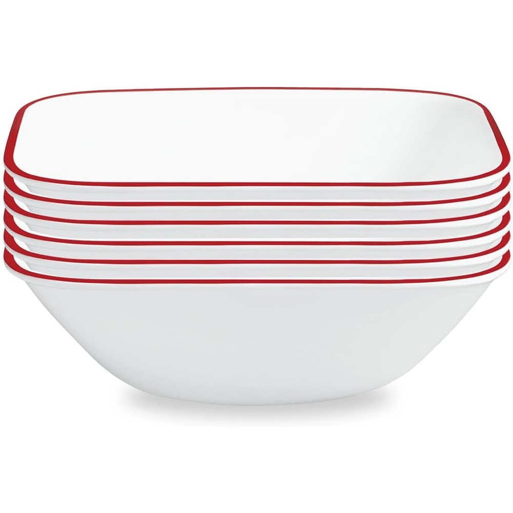 image:imageCorelle Vitrelle 6Piece 22Oz 625 Wide Cereal Soup Bowls Triple Layer Glass and Chip Resistant Lightweight Square Dinnerware Bowl Set SplendorRed Banded