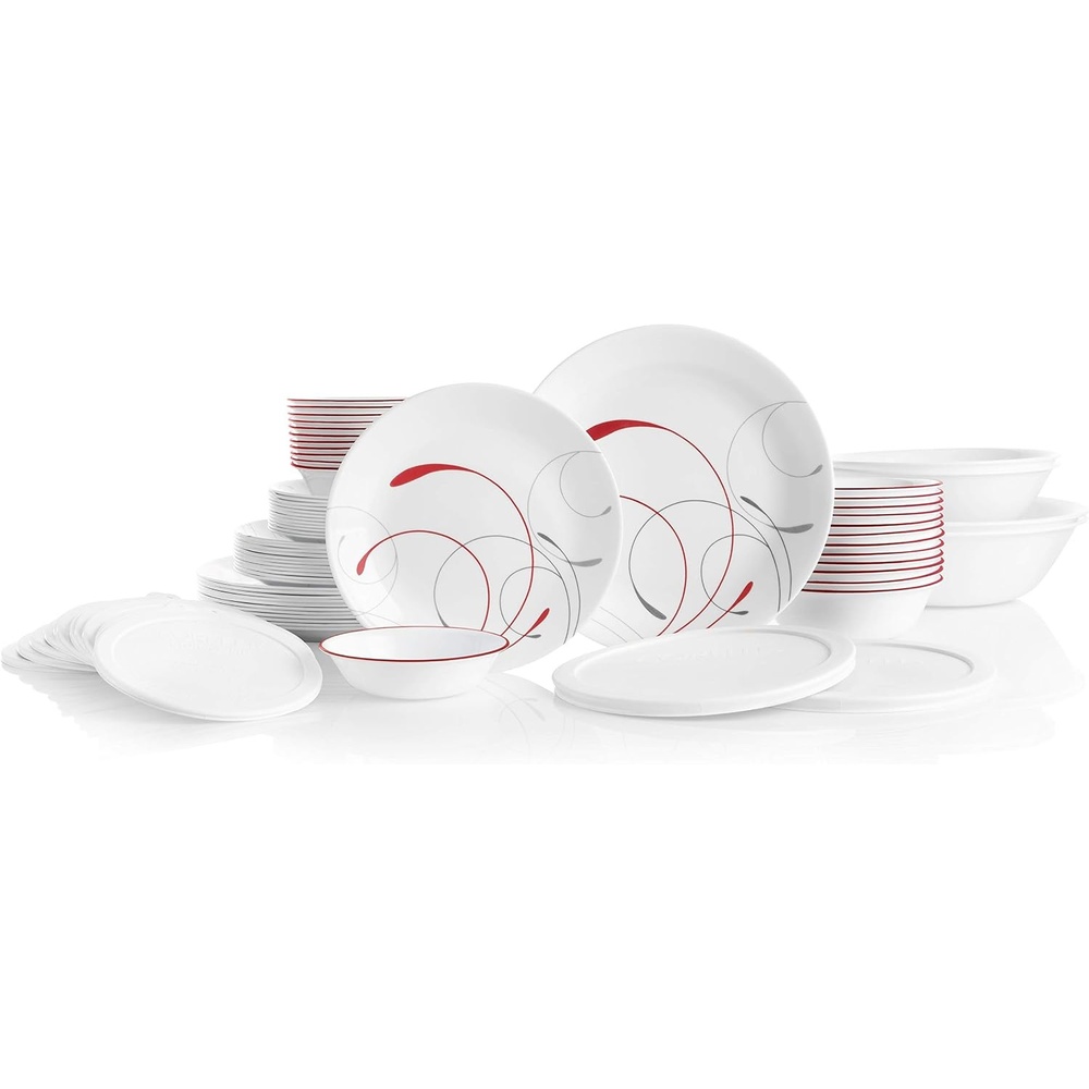 image:imageCorelle Vitrelle 78Piece Service for 12 Dinnerware Set Triple Layer Glass and Chip Resistant Lightweight Round Plates and Bowls Set Winter Frost WhiteSplendor