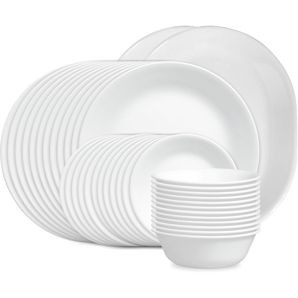 image:imageCorelle Vitrelle 78Piece Service for 12 Dinnerware Set Triple Layer Glass and Chip Resistant Lightweight Round Plates and Bowls Set Winter Frost WhiteWinter Frost White