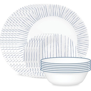 Corelle Vitrelle 18-Piece Service for 6 Dinnerware Set, Triple Layer Glass and Chip Resistant, Lightweight Round Plates and Bowls Set, Portofino(Nautical Stripes)