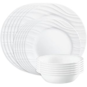 Corelle Vitrelle 18-Piece Service for 6 Dinnerware Set, Triple Layer Glass and Chip Resistant, Lightweight Round Plates and Bowls Set, Portofino(Swept)