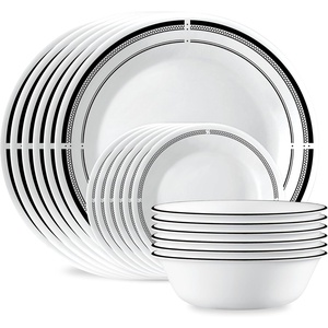 Corelle Vitrelle 18-Piece Service for 6 Dinnerware Set Triple Layer Glass and Chip Resistant, Lightweight Round Plates and Bowls Set, Winter Frost White(Brasserie)