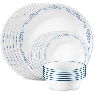 Corelle Vitrelle 18-Piece Service for 6 Dinnerware Set Triple Layer Glass and Chip Resistant, Lightweight Round Plates and Bowls Set, Winter Frost White(Cornflower Blue)
