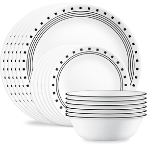 Corelle Vitrelle 18-Piece Service for 6 Dinnerware Set Triple Layer Glass and Chip Resistant, Lightweight Round Plates and Bowls Set, Winter Frost White(City Block)