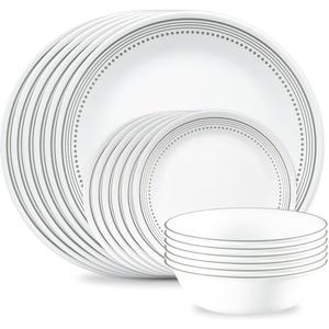 Corelle Vitrelle 18-Piece Service for 6 Dinnerware Set Triple Layer Glass and Chip Resistant, Lightweight Round Plates and Bowls Set, Winter Frost White(Mystic Gray)