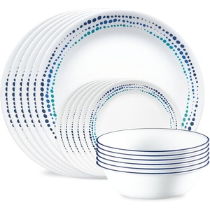 Corelle Vitrelle 18-Piece Service for 6 Dinnerware Set Triple Layer Glass and Chip Resistant, Lightweight Round Plates and Bowls Set, Winter Frost White(Ocean Blue)