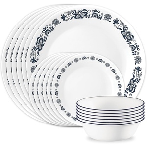 Corelle Vitrelle 18-Piece Service for 6 Dinnerware Set Triple Layer Glass and Chip Resistant, Lightweight Round Plates and Bowls Set, Winter Frost White(Old Town Blue)
