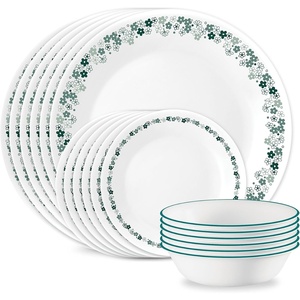 Corelle Vitrelle 18-Piece Service for 6 Dinnerware Set Triple Layer Glass and Chip Resistant, Lightweight Round Plates and Bowls Set, Winter Frost White(Spring Blossom Teal)