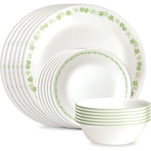 Corelle Vitrelle 18-Piece Service for 6 Dinnerware Set Triple Layer Glass and Chip Resistant, Lightweight Round Plates and Bowls Set, Winter Frost White(Spring Blossom Green)