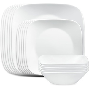 Corelle Vitrelle 18-Piece Service for 6 Square Dinnerware Set Triple Layer Glass and Chip Resistant, Lightweight Square Plates and Bowls Set, Pure White(Pure White)