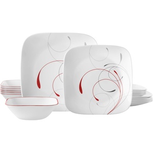 Corelle Vitrelle 18-Piece Service for 6 Square Dinnerware Set Triple Layer Glass and Chip Resistant, Lightweight Square Plates and Bowls Set, Pure White(Splendor)