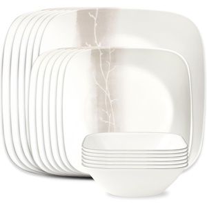 Corelle Vitrelle 18-Piece Service for 6 Square Dinnerware Set Triple Layer Glass and Chip Resistant, Lightweight Square Plates and Bowls Set, Pure White(Wandering Grove)