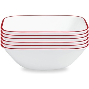 Corelle Vitrelle 6-Piece (22-Oz) 6.25″ Wide Cereal Soup Bowls, Triple Layer Glass and Chip Resistant, Lightweight Square Dinnerware Bowl Set, Splendor(Red Banded)