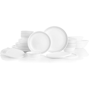 Corelle Vitrelle 78-Piece Service for 12 Dinnerware Set, Triple Layer Glass and Chip Resistant, Lightweight Round Plates and Bowls Set, Winter Frost White(Mystic Gray)